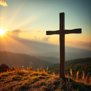 A photorealistic image of a wooden cross at sunrise on a hilltop, symbolizing faith, redemption, and the glory of Christ's sacrifice.