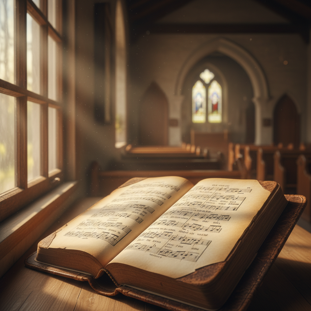 A photorealistic image of a worn, leather-bound hymnal open to a page with aged paper and handwritten notes, bathed in morning sunlight within a rustic chapel setting.
