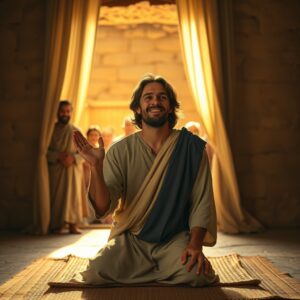 A photorealistic image of a young man sitting upright on a mat being healed by Jesus in a warm ancient room, with friends looking down from a hole in the roof above