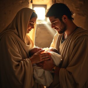A photorealistic image of a young Middle Eastern couple tenderly holding their newborn baby in a warmly lit humble room, conveying a sacred and reverent moment of devotion and love.