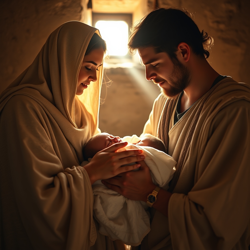 A photorealistic image of a young Middle Eastern couple tenderly holding their newborn baby in a warmly lit humble room, conveying a sacred and reverent moment of devotion and love.