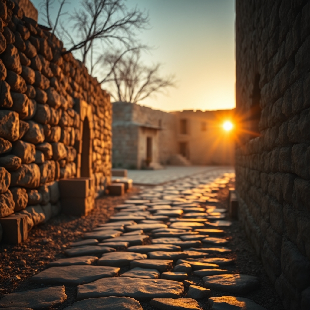 A photorealistic image of an ancient stone pathway in first-century Galilee at golden hour, with warm sunlight on limestone walls, symbolizing the historical and ethnic background of Jesus Christ.