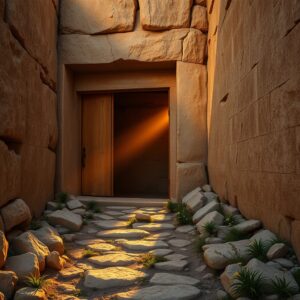 A photorealistic image of an ancient stone tomb entrance bathed in warm golden-hour sunlight, evoking the biblical scene of Lazarus's resurrection, with wildflowers along a rocky path and soft shadows on weathered limestone walls.