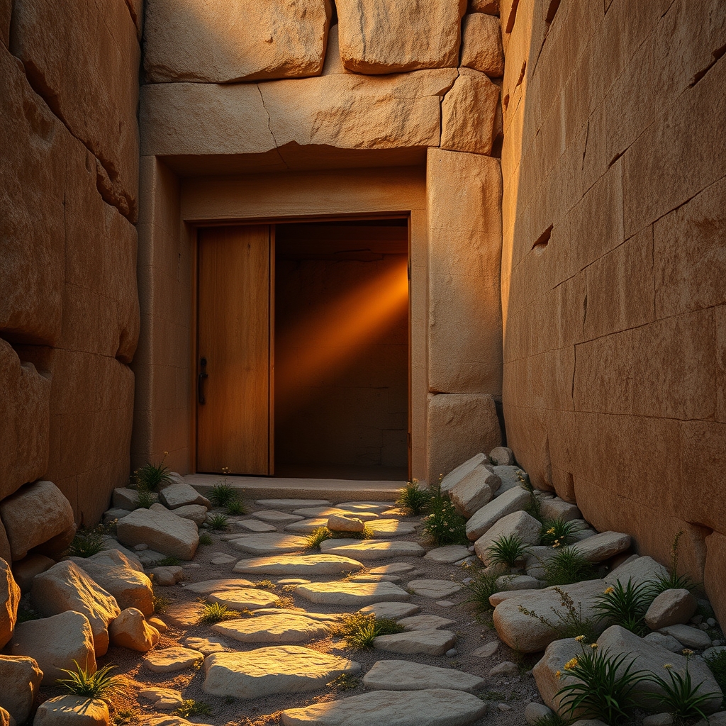 A photorealistic image of an ancient stone tomb entrance bathed in warm golden-hour sunlight, evoking the biblical scene of Lazarus's resurrection, with wildflowers along a rocky path and soft shadows on weathered limestone walls.