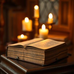 A photorealistic image of an antique Bible with pages edged in gold, closed on a mahogany desk, bathed in warm, golden light, evoking reverence, compassion, and the weight of scripture. The background is softly out of focus, set in a peaceful, reverent atmosphere.