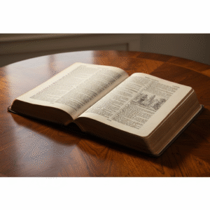 A photorealistic image of an open, ancient-looking Bible on a dark wooden table, illuminated by soft light, symbolizing deep biblical study and the pursuit of clarity.