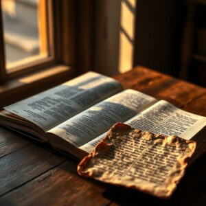 A photorealistic image of an open Bible beside an ancient papyrus fragment, bathed in warm golden light, symbolizing the Gospel of Jesus' Wife debate and the search for biblical truth.