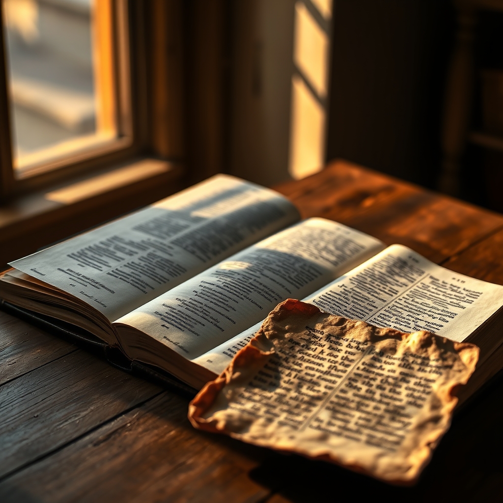 A photorealistic image of an open Bible beside an ancient papyrus fragment, bathed in warm golden light, symbolizing the Gospel of Jesus' Wife debate and the search for biblical truth.