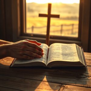 A photorealistic image of an open Bible on a wooden table with hands gently holding the pages, warm morning light, and a cross visible in the background, conveying reverence and faith.
