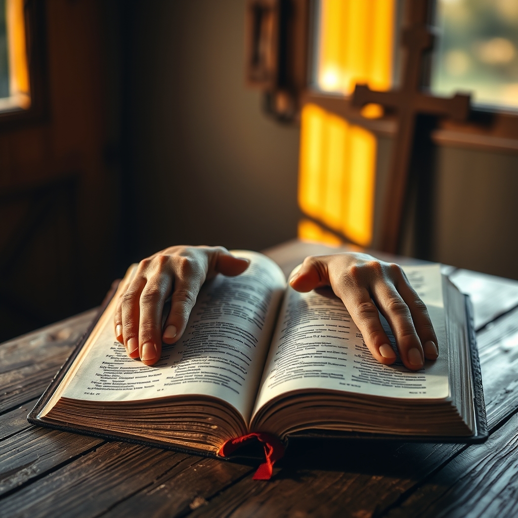 A photorealistic image of an open Bible on a wooden table with hands resting on the pages, bathed in warm golden light, evoking reverence and faith.