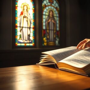 A photorealistic image of an open Bible on a wooden table with warm light, and a stained glass window with a portrait of Mary in the background, evoking a reverent and contemplative Christian atmosphere.