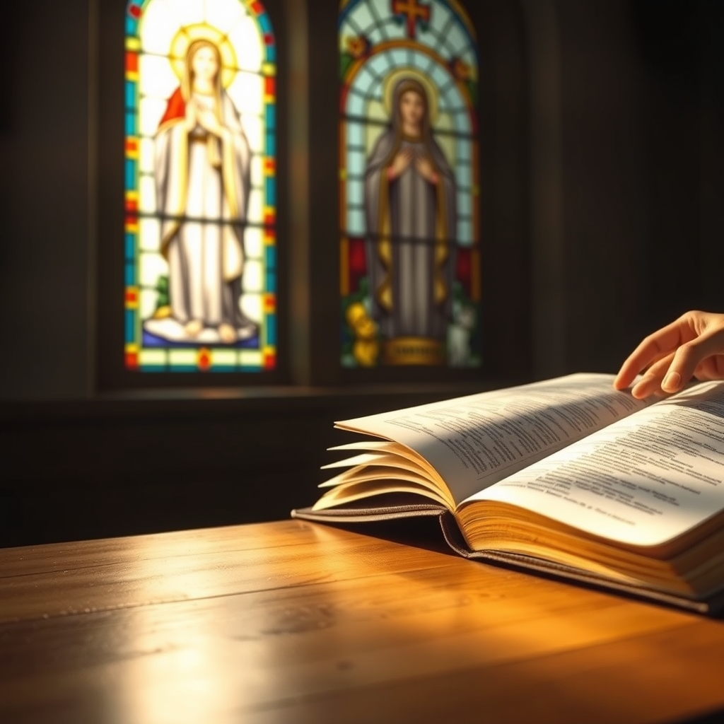 A photorealistic image of an open Bible on a wooden table with warm light, and a stained glass window with a portrait of Mary in the background, evoking a reverent and contemplative Christian atmosphere.