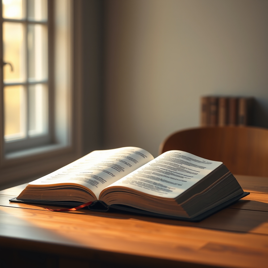 A photorealistic image of an open Bible on a wooden table with soft natural light, symbolizing the greatest story ever told.