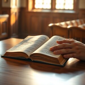 A photorealistic image of an open Bible on a wooden surface with soft natural lighting in a serene place of worship, evoking reverence, faith, and the meaning of Romans 10:9 about confessing Jesus is Lord and believing in the heart.