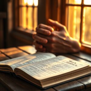 A photorealistic image of an open Bible on a wooden table in warm golden-hour light, with hands folded in prayer resting nearby, symbolizing devotion to the Gospel of Mark and the message of Jesus Christ.