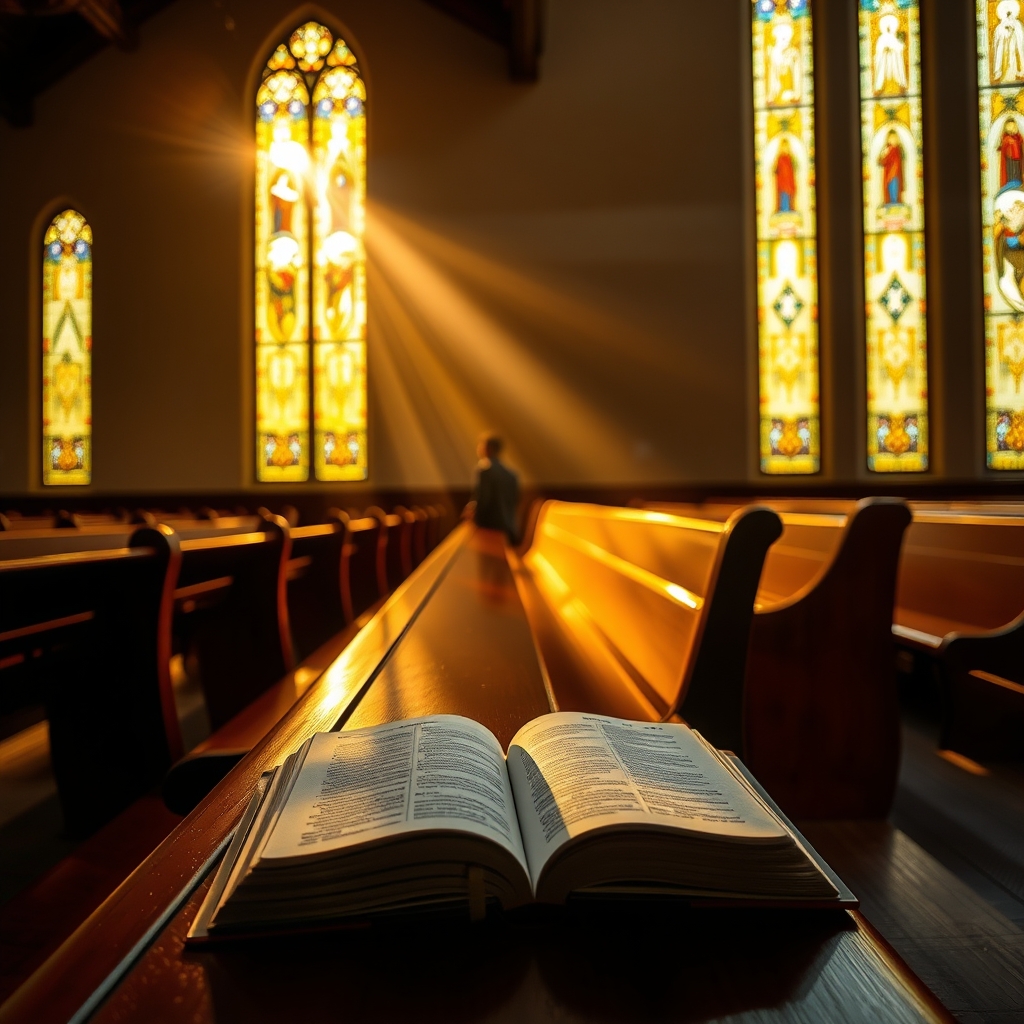 A photorealistic image of an open Bible resting on a wooden pew in a softly lit church, with golden light streaming through stained glass windows, evoking a reverent and contemplative atmosphere.