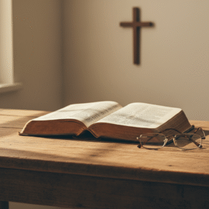 A photorealistic image of an open Bible resting on a wooden table with soft golden light, a pair of reading glasses nearby, and a wooden cross in the background, evoking a reverent and contemplative Christian atmosphere.