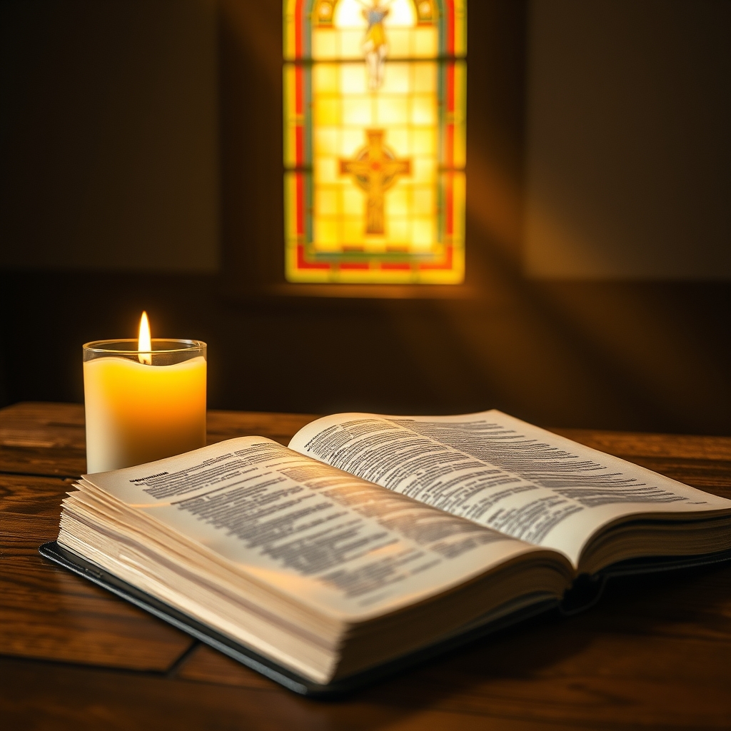 A photorealistic image of an open Bible with a candle and stained-glass window, symbolizing the BC and AD timeline and the biblical significance of Jesus Christ.