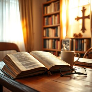 A photorealistic image of an open copy of 'Jesus Calling' by Sarah Young on a wooden desk with a cup of tea and reading glasses, in a warm, softly lit study setting, conveying a reverent and contemplative atmosphere.
