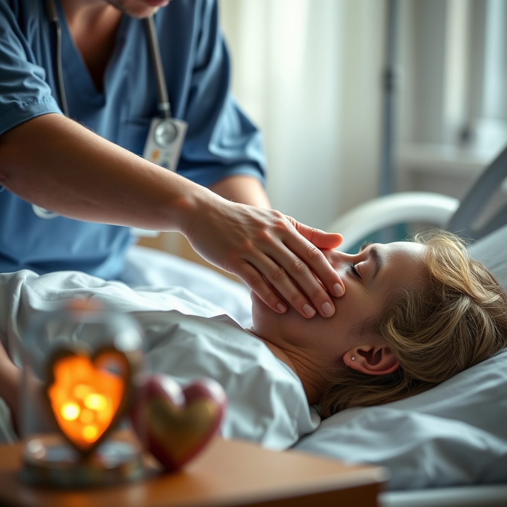 A photorealistic image of compassionate praying hands during a healing prayer moment, with soft light and a calming healing atmosphere.