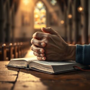 A photorealistic image of hands clasped in prayer on an open Bible, bathed in warm golden light, symbolizing devotion and the practice of the Jesus Prayer.