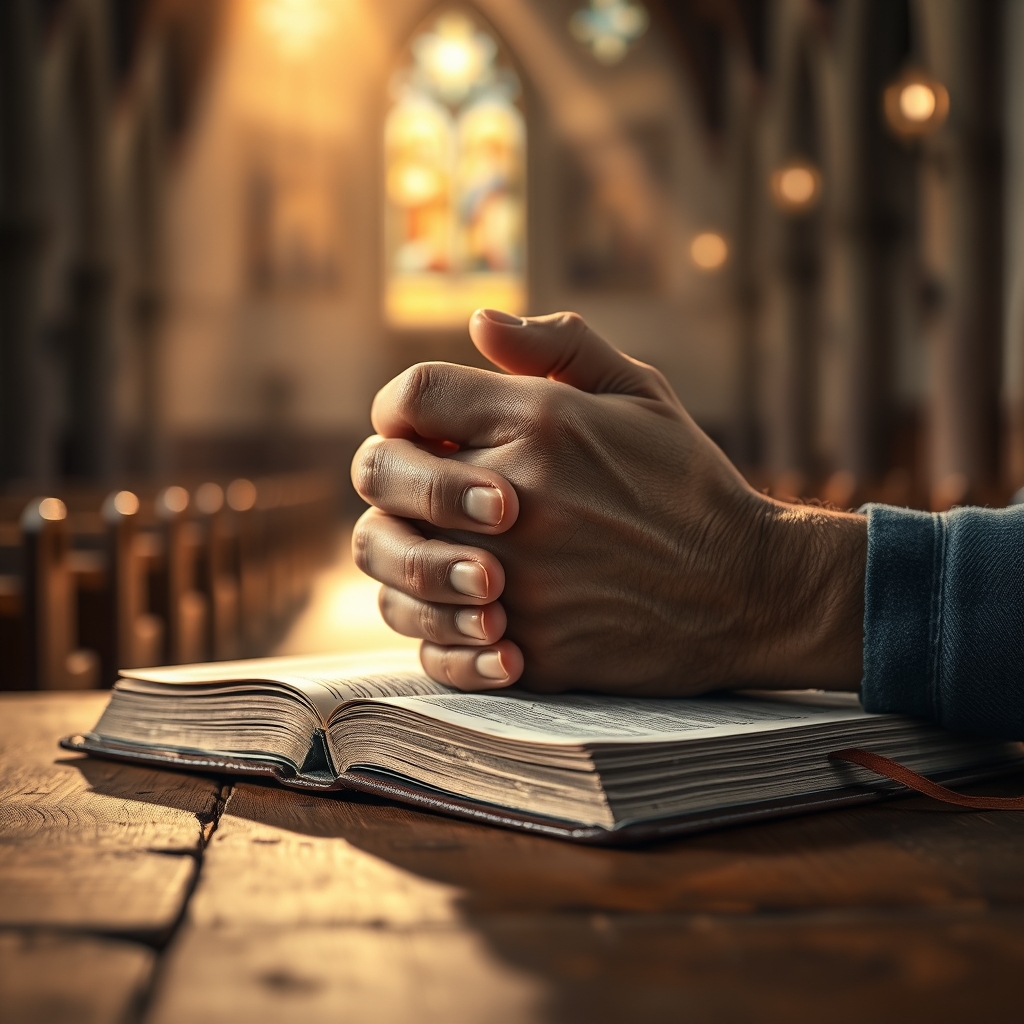 A photorealistic image of hands clasped in prayer on an open Bible, bathed in warm golden light, symbolizing devotion and the practice of the Jesus Prayer.