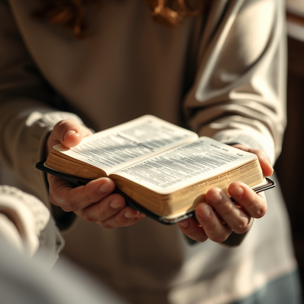 A photorealistic image of hands holding a worn Bible, symbolizing encouragement and faith in Jesus Christ.