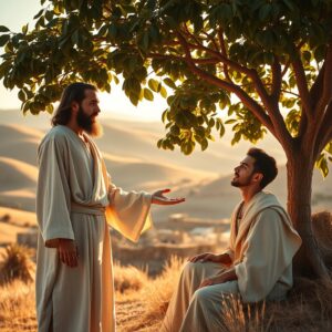 A photorealistic image of Jesus calling Nathanael beneath a fig tree in a warm Galilean landscape at golden hour, conveying a moment of spiritual revelation and divine invitation.