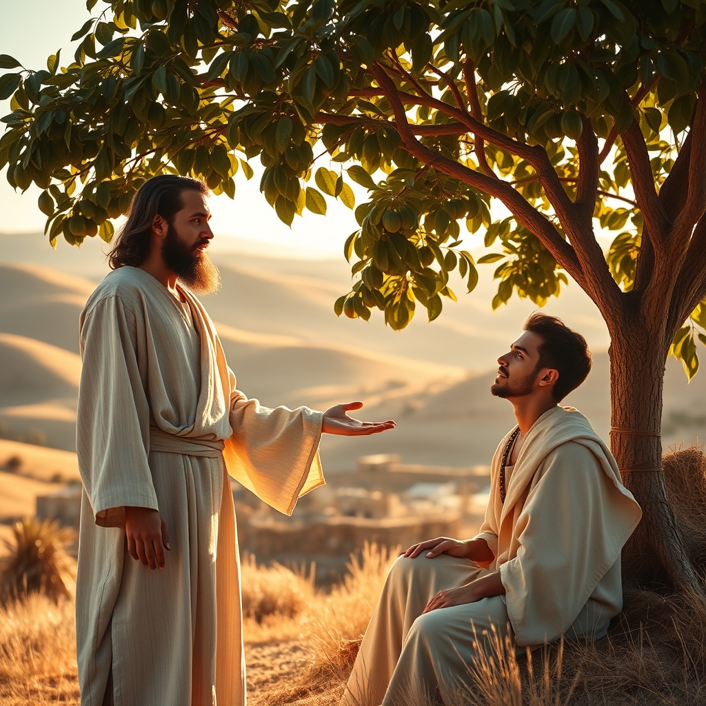 A photorealistic image of Jesus calling Nathanael beneath a fig tree in a warm Galilean landscape at golden hour, conveying a moment of spiritual revelation and divine invitation.