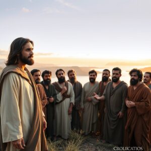 A photorealistic image of Jesus Christ calling the twelve apostles on a hillside at dawn near the Sea of Galilee, bathed in warm golden light, conveying divine authority and sacred purpose.