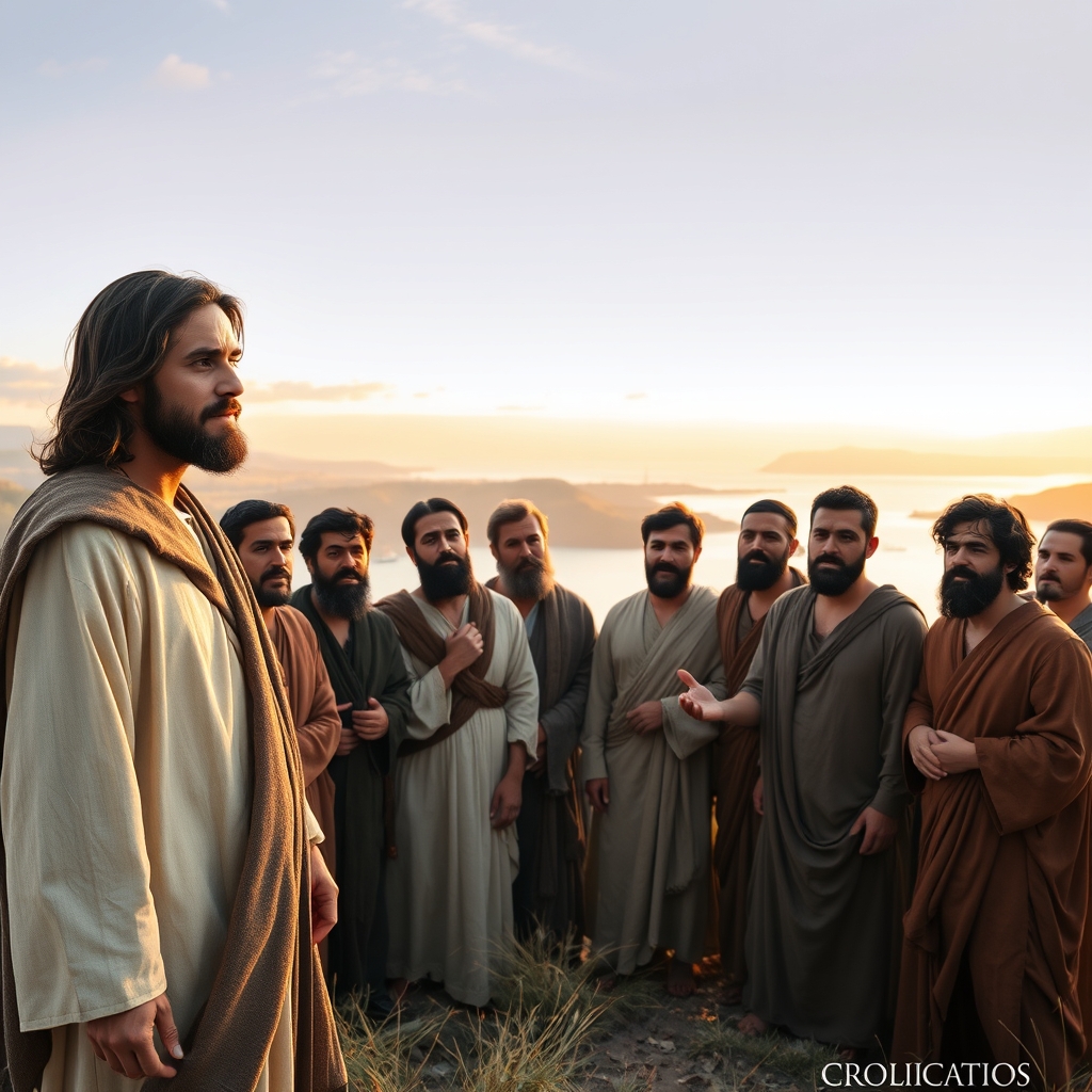 A photorealistic image of Jesus Christ calling the twelve apostles on a hillside at dawn near the Sea of Galilee, bathed in warm golden light, conveying divine authority and sacred purpose.