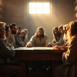 A photorealistic image of Jesus Christ seated at a table surrounded by diverse people, conveying warmth, compassion, and acceptance in soft golden light.