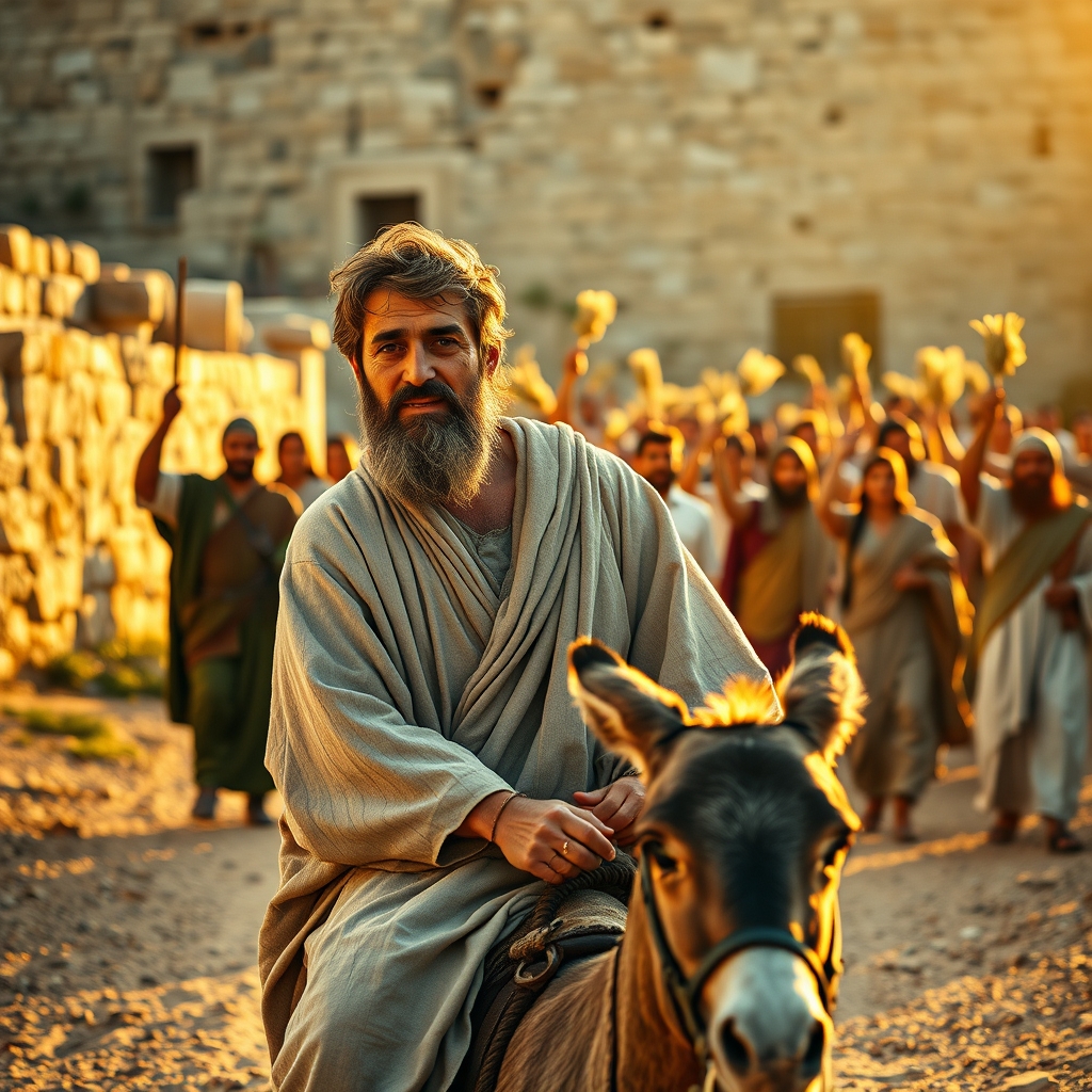 A photorealistic image of Jesus riding a donkey on a dusty road toward Jerusalem, with a crowd waving palm branches in warm golden light, capturing the reverent moment of the Triumphal Entry on Palm Sunday.