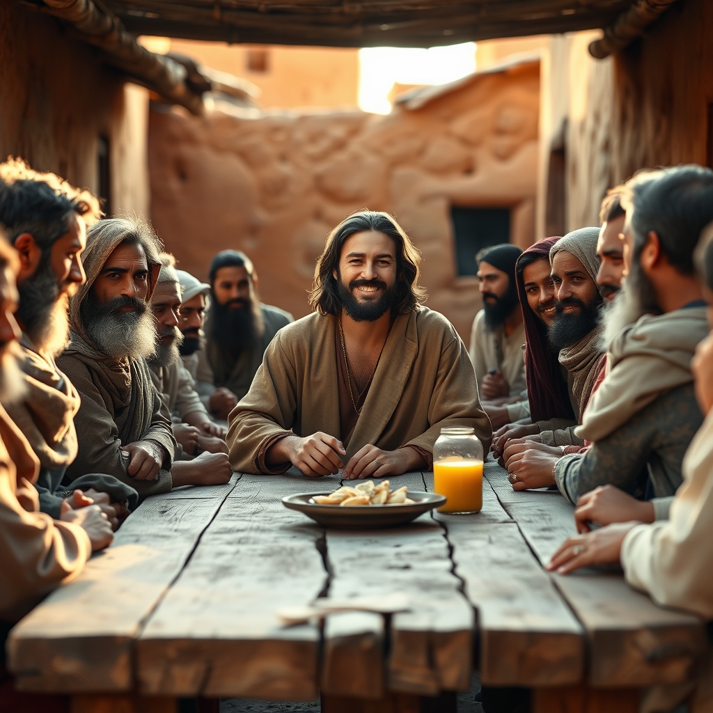 A photorealistic image of Jesus sharing a meal with tax collectors and ordinary people in a first-century Galilean village, conveying warmth, compassion, and inclusion.