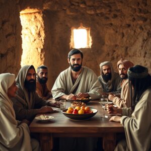 A photorealistic image of Jesus sitting at a wooden table sharing a meal with a diverse group of people in an ancient stone room, bathed in warm golden sunlight, conveying compassion, acceptance, and fellowship.