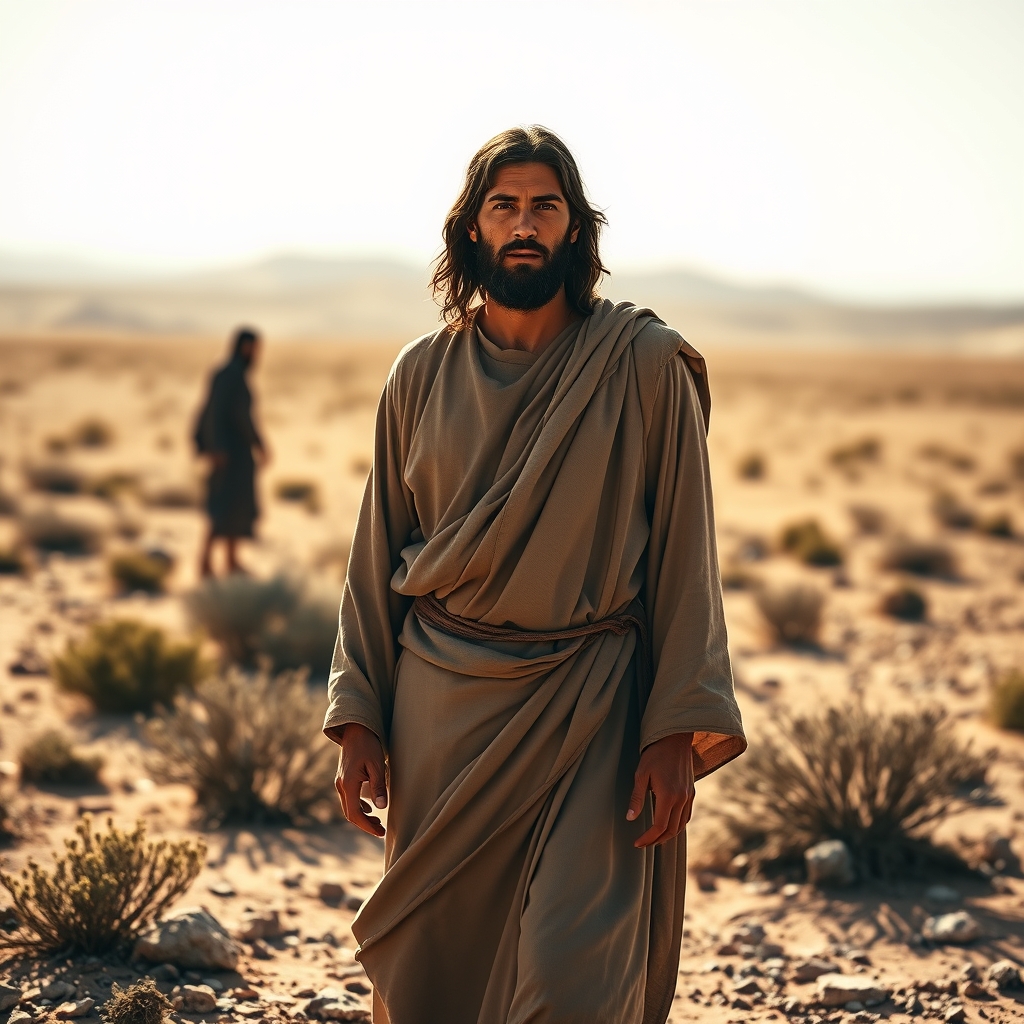 A photorealistic image of Jesus standing in a desolate desert landscape during his temptation, embodying spiritual resolve and faith.