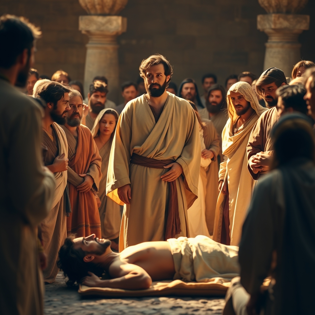 A photorealistic image of Jesus standing with calm authority in a crowded ancient room, with a healed man on a mat and amazed onlookers, conveying the theme of divine authority from Mark 2:1-12.