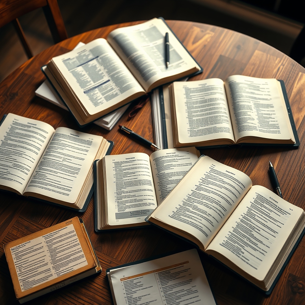 A photorealistic image of several open Bibles and study materials on a table.