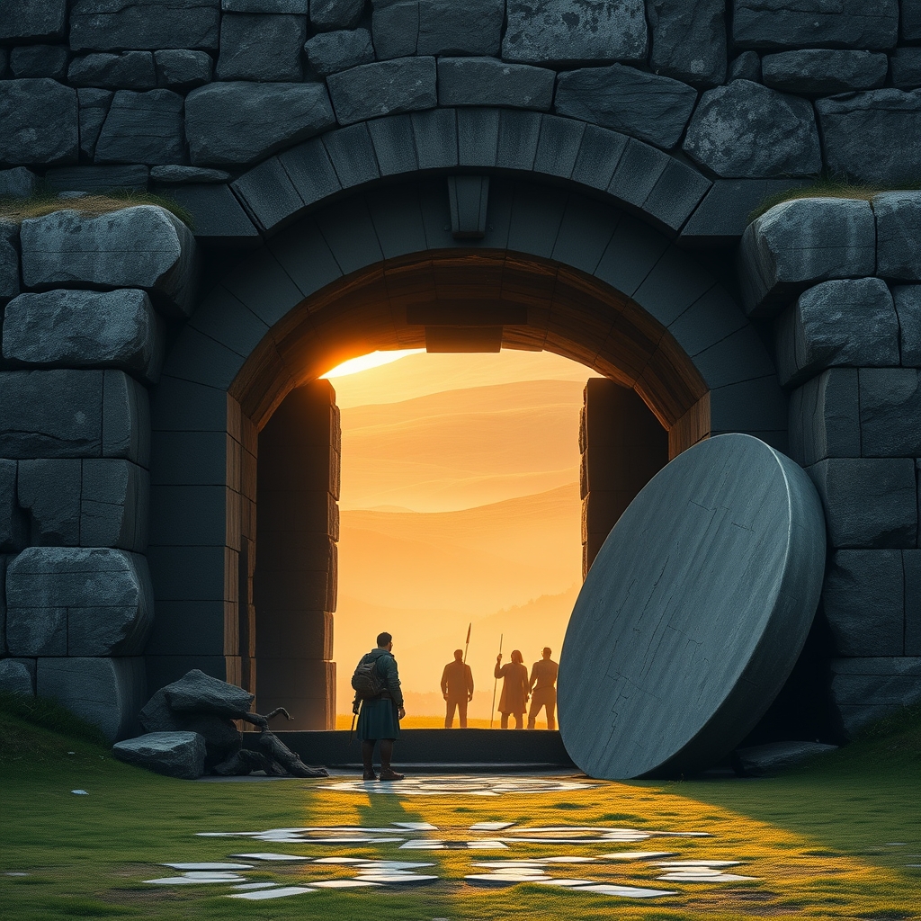 A photorealistic image of the empty tomb at dawn, with a rolled-away stone entrance illuminated by warm morning light, guards in the foreground reacting in awe, capturing the moment of discovery of the resurrection.