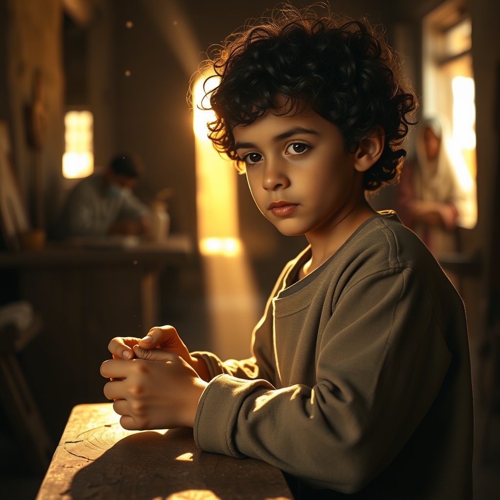 A photorealistic image of young Jesus as a boy in a humble Nazareth carpenter’s workshop, bathed in warm sunlight, surrounded by his earthly parents Joseph and Mary, conveying peace, humility, and divine purpose.