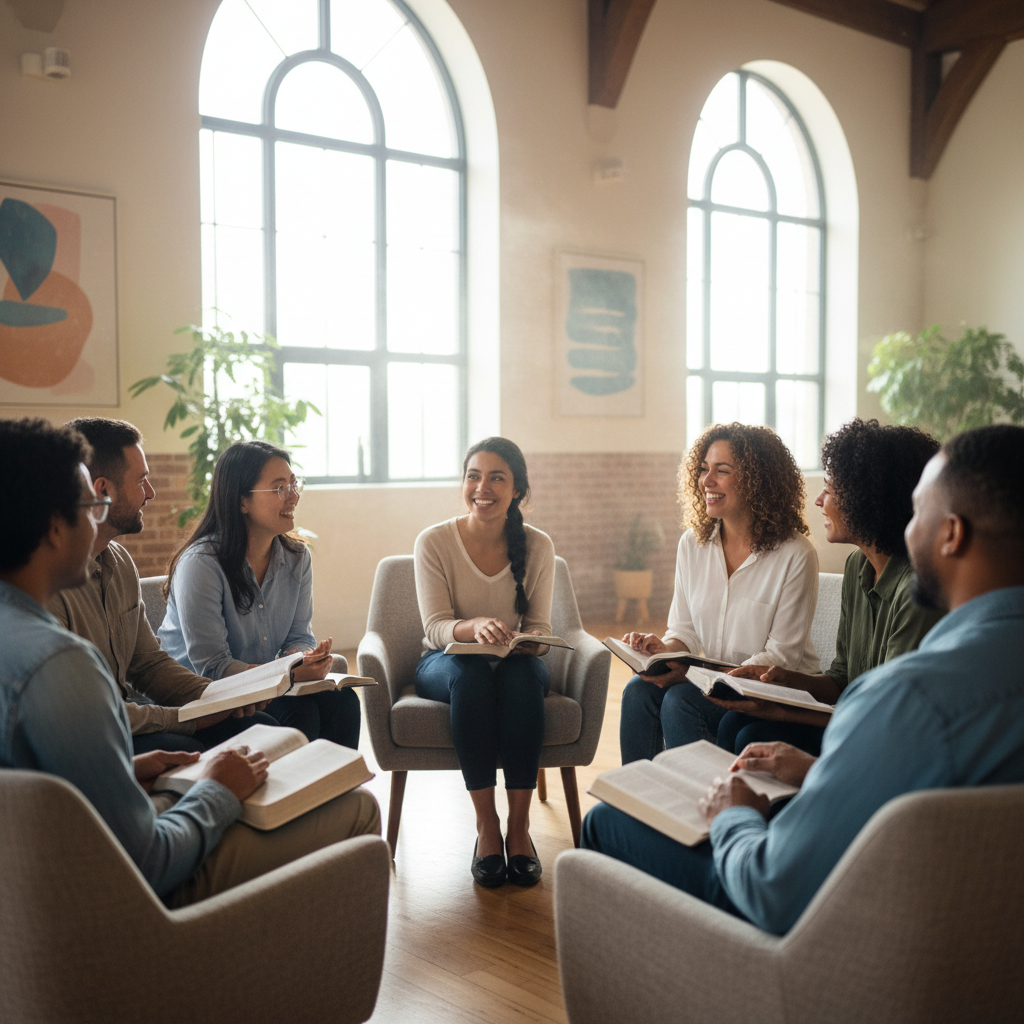 A photorealistic photo of a diverse small group of people in a modern church, engaged in a focused and warm discussion with Bibles.