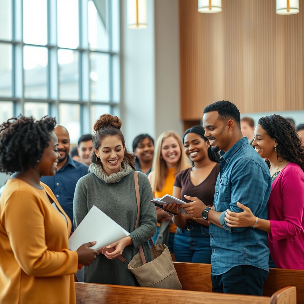 A photorealistic photograph of a diverse group of people in a church setting, engaging in community service with warm, genuine interactions.
