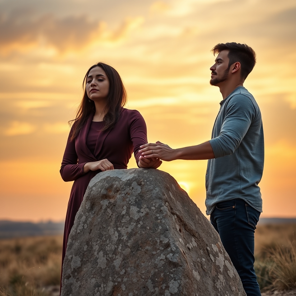 A photorealistic photograph of a man and woman in prayer with hands resting on a stone pillar on a hilltop at sunset, representing the spiritual meaning of Mizpah.
