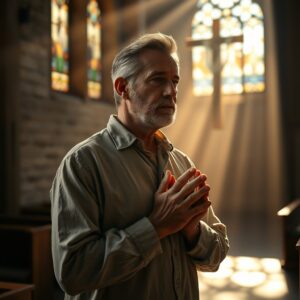 A photorealistic photograph of a man praying reverently inside a softly lit stone church, with warm sunlight streaming through stained glass windows, conveying a sense of deep faith and spiritual peace.
