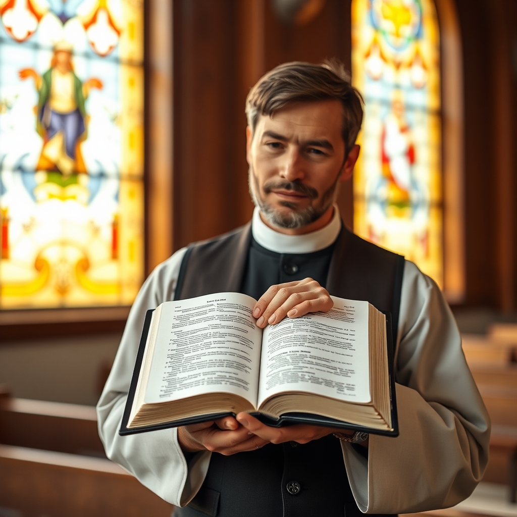 A photorealistic photograph of a pastor holding an open Bible in a modern church setting, with warm ambient lighting and stained glass windows in the background.