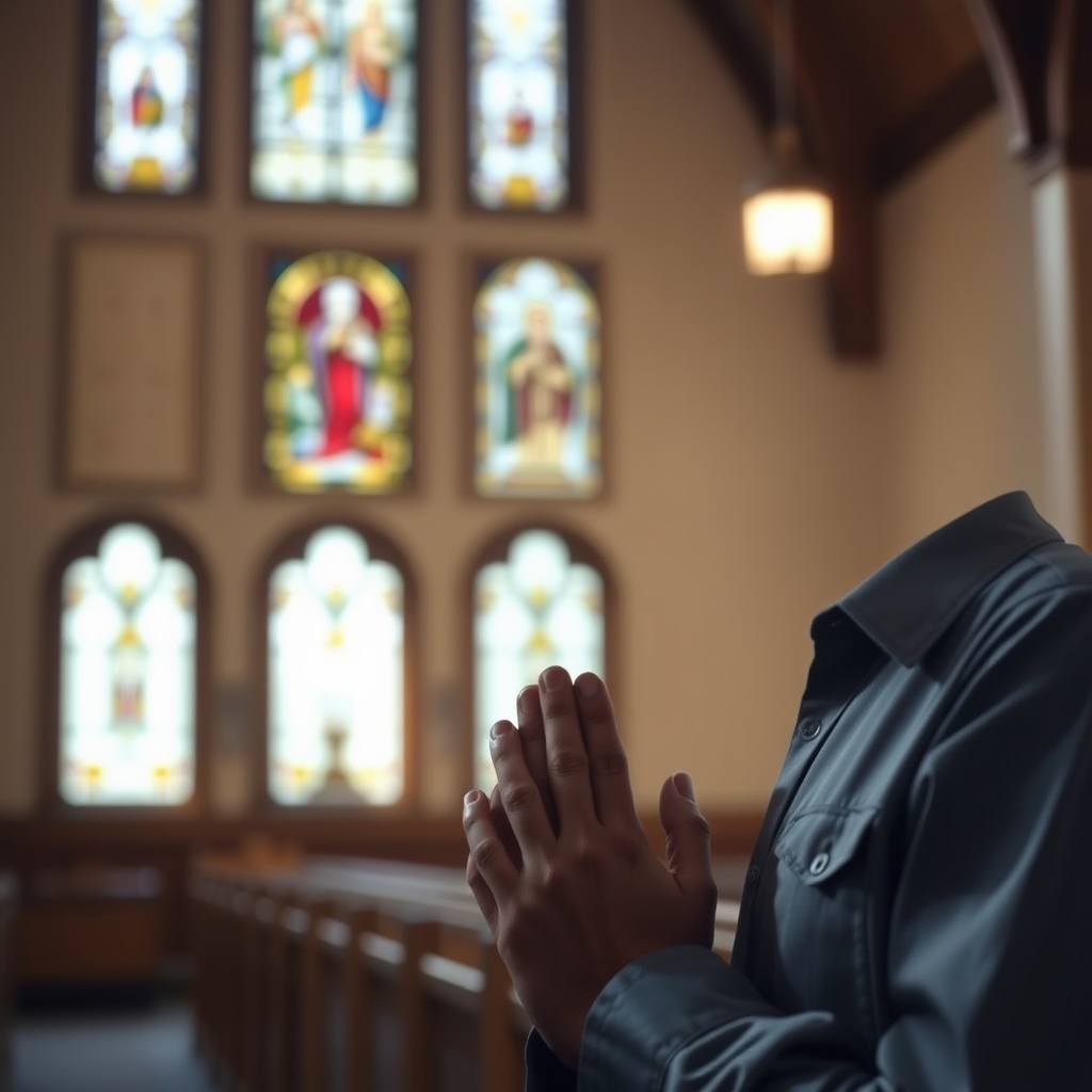 A photorealistic photograph of a person in quiet prayer in a serene chapel with soft light, conveying a peaceful and compassionate atmosphere.