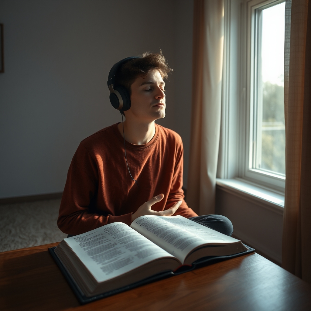 A photorealistic photograph of a person sitting in a quiet room with headphones on, eyes closed in meditation, with an open Bible on a wooden table beside them.