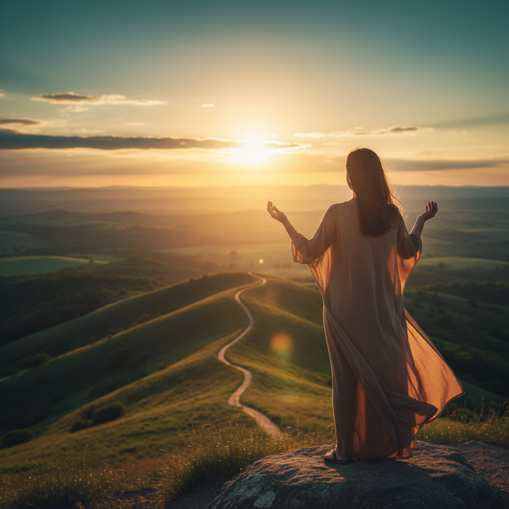 A photorealistic photograph of a person standing at sunrise with arms open in prayer and surrender overlooking a peaceful golden-lit landscape, symbolizing the deepening journey of faith in Jesus Christ.