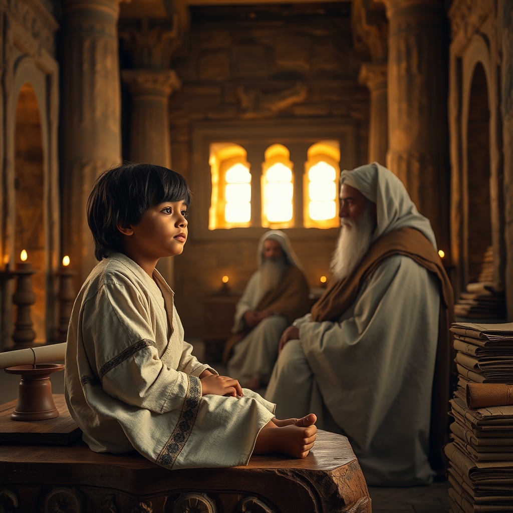 A photorealistic photograph of a twelve-year-old boy with wise, attentive expression sitting among elderly religious teachers in an ancient temple setting with warm golden light, stone walls, and visible pap scrolls, depicting the moment Jesus was found in the Temple.