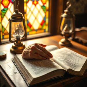 A photorealistic photograph of a wooden open Bible on a wooden table beside an oil lamp with warm golden light and stained glass in the background, shot in professional magazine editorial style, conveying reverence and contemplation.